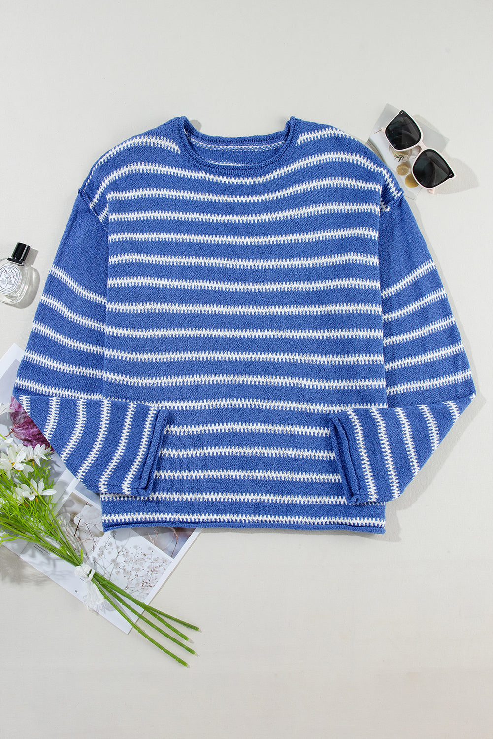 Casual Blue Stripe Drop Shoulder Sweater