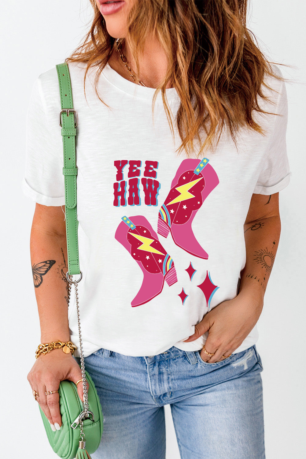 White "YEE HAW" Western Boots Graphic T Shirt