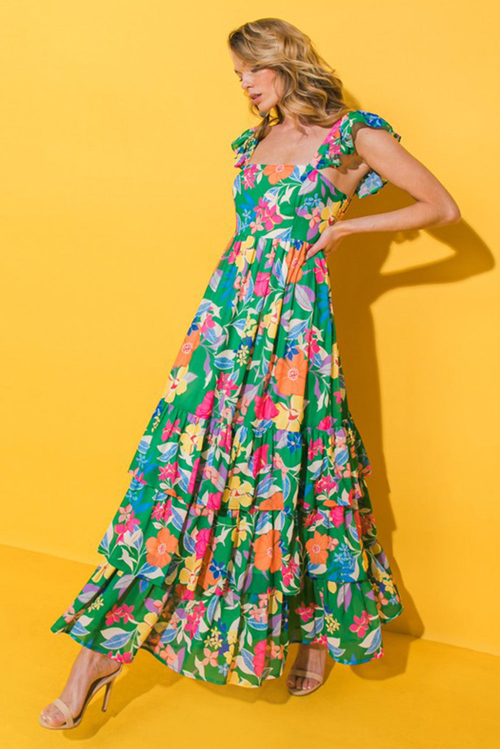 Ruffled Green Floral Tiered Maxi Dress