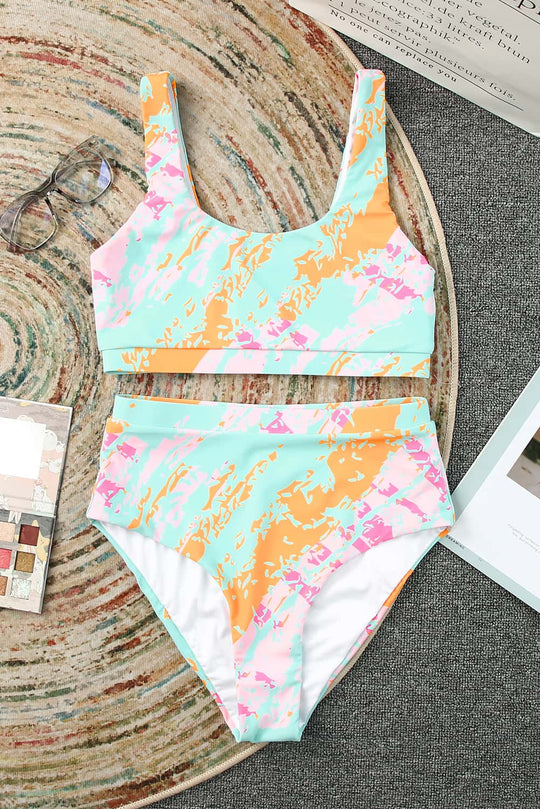 Blue Waves Multicolor Abstract High Waist Bikini Swimsuit