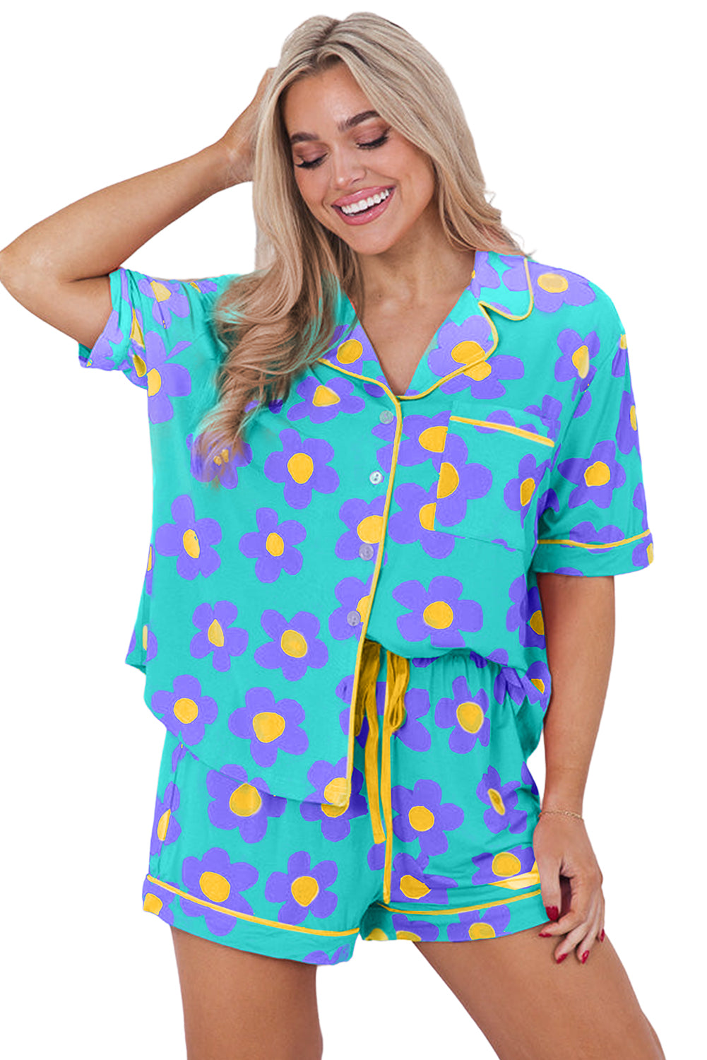 Turquoise Daisy Flower Short Set Pajamas