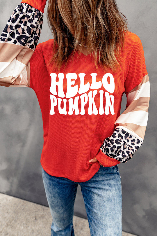  Leopard Striped "Hello Pumpkin" Orange Long Sleeve Top