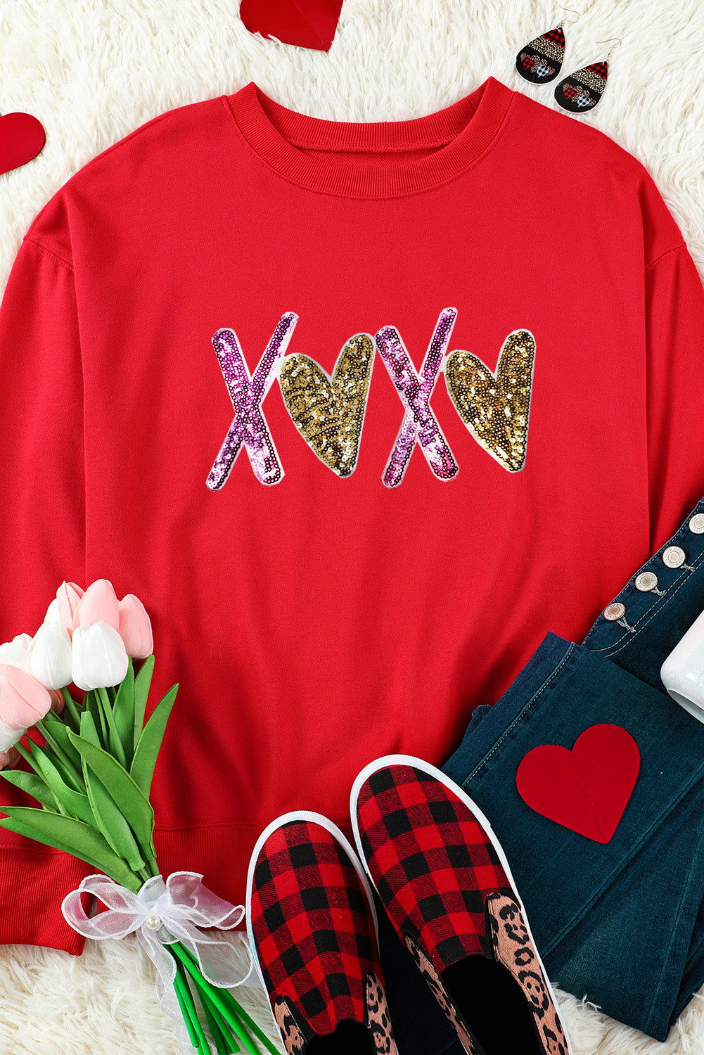 Valentine Heart Glitter XOXO Graphic Sweatshirt