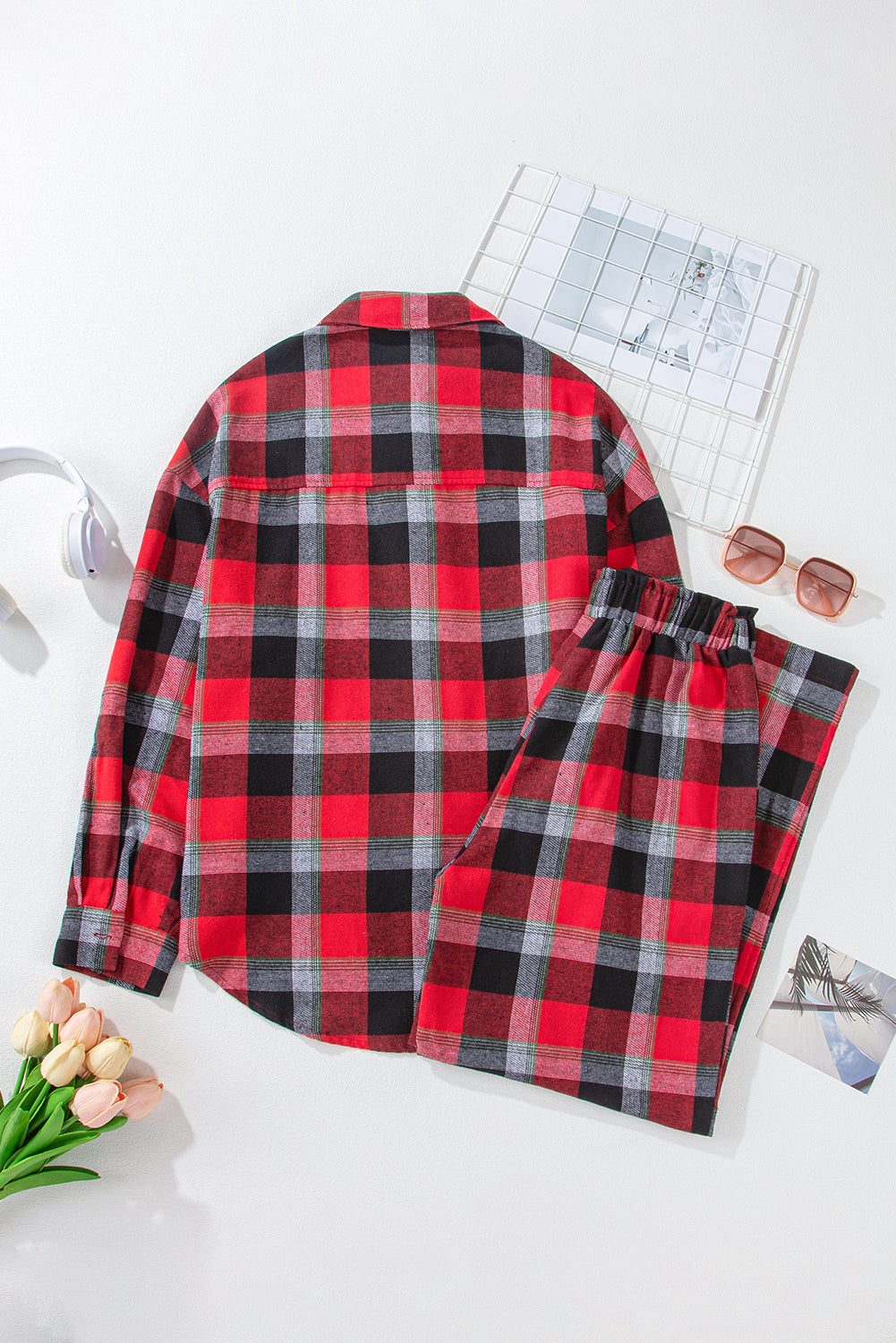 Checkered Red Plaid Pattern Pants Lounge Set