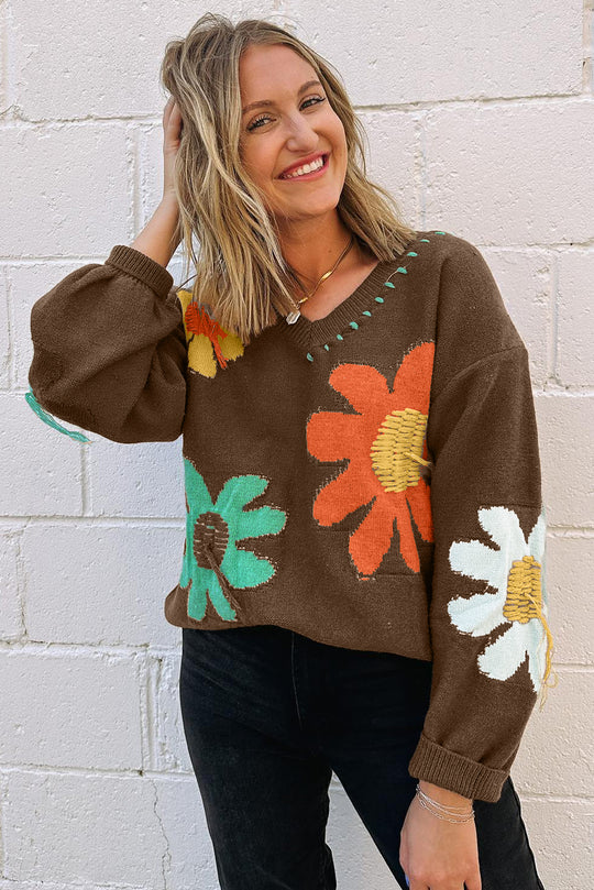 Sally Bold Flower s Coffee Sweater