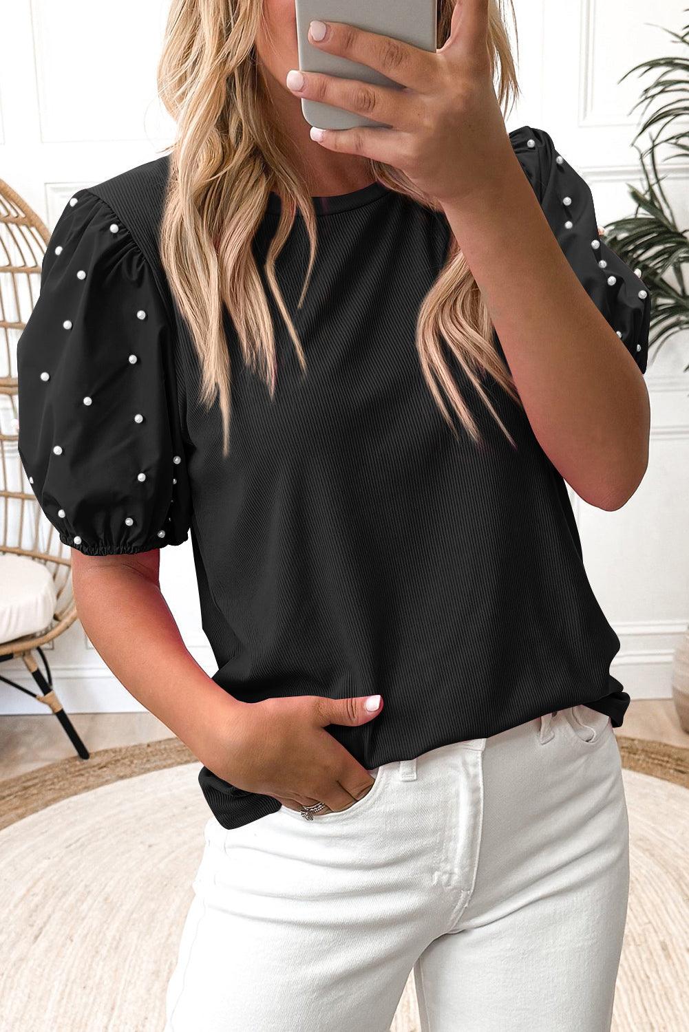 Beaded Pearl Puff Sleeve Blouse