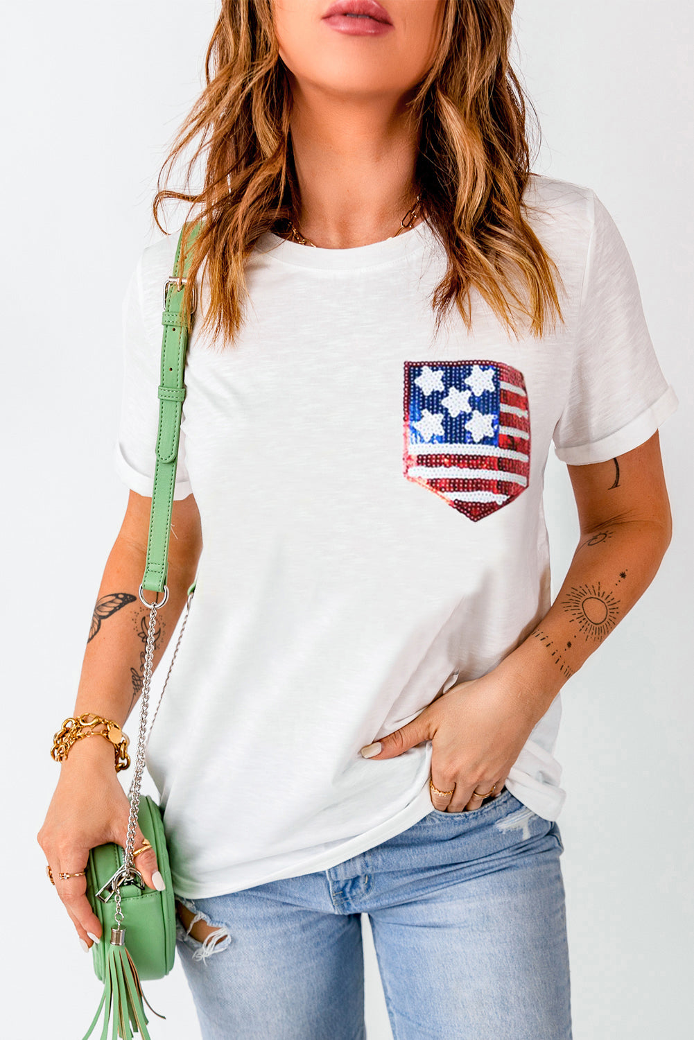 White Sequins American Flag T Shirt