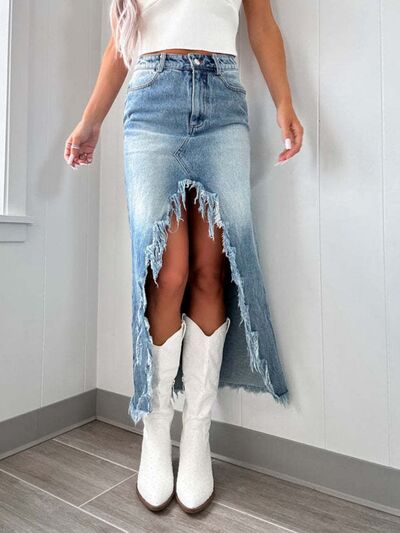 Frayed High-Waist Asymmetry Denim Skirt