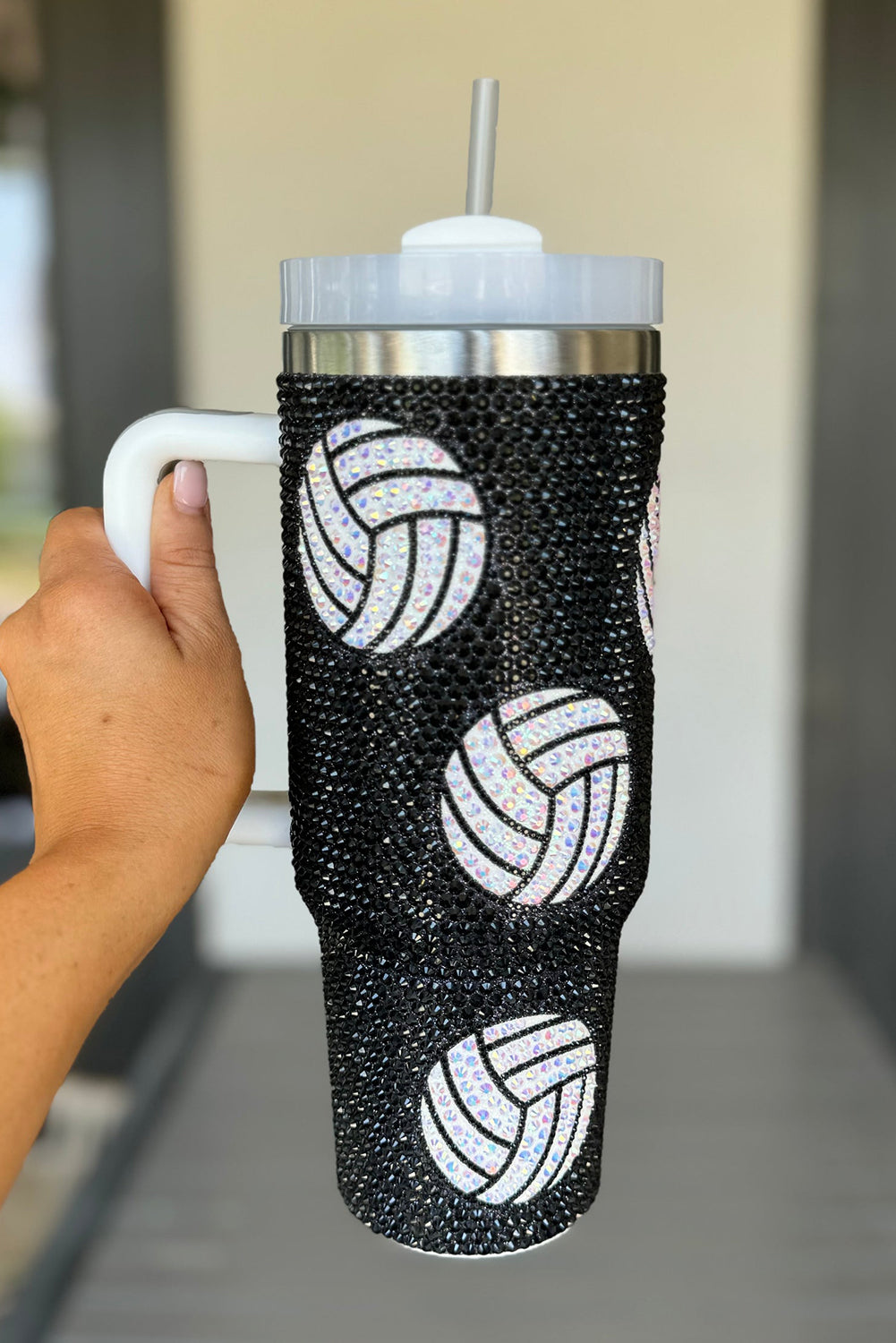 Black 40 Oz Rhinestone Volleyball Tumbler with Handle