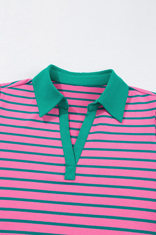 Stripe Pink Collar T Shirt Plus Size Dress 