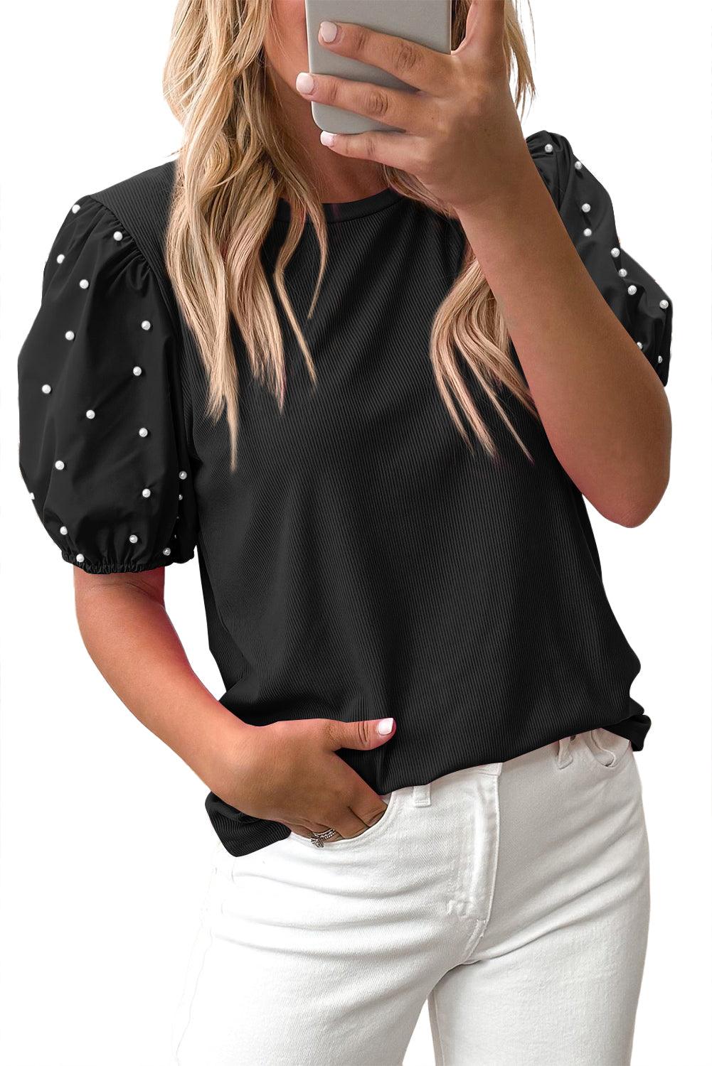 Beaded Pearl Puff Sleeve Blouse