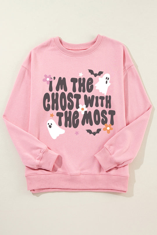 Halloween "Ghost With The Most" Pink Graphic Sweatshirt