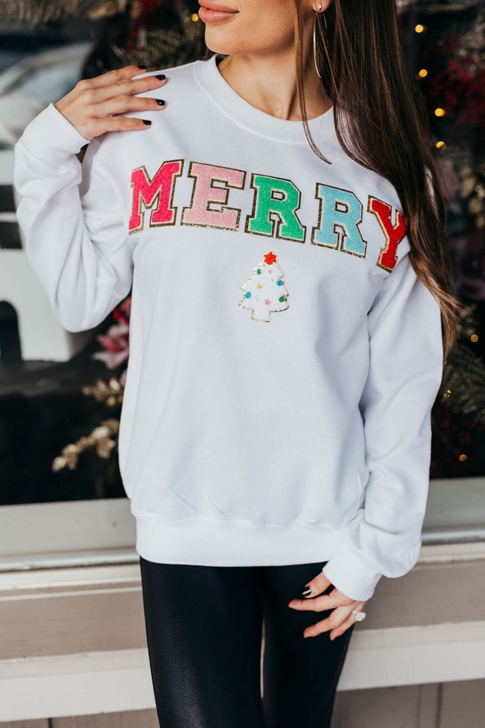  Christmas "Merry" Tree Chenille Graphic Sweatshirt