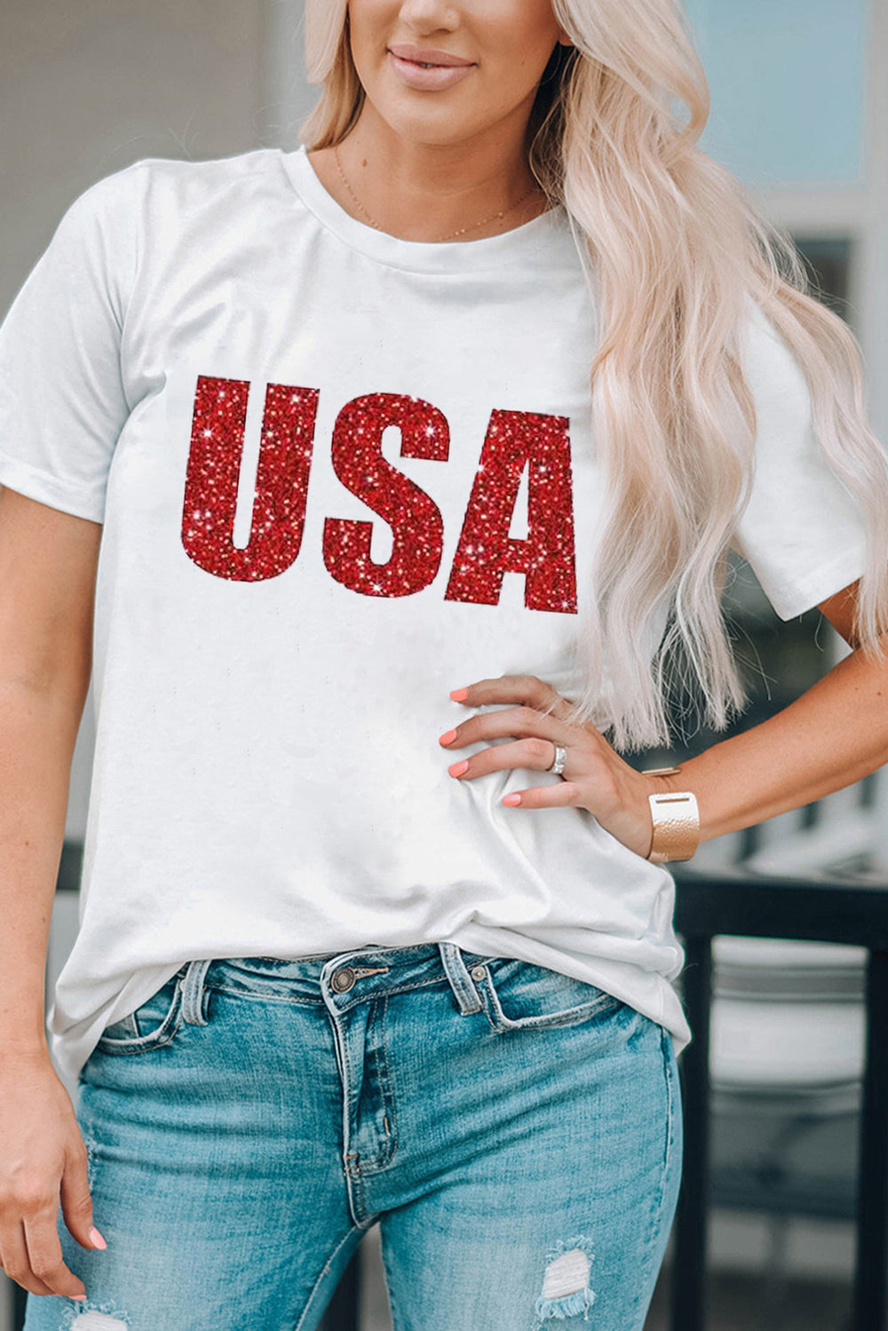 Glitter Sparkle "USA" Bold Graphic T Shirt