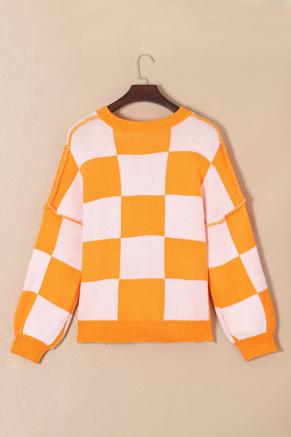 Checkered Orange Plaid Sequined Halloween Pumpkins Sweater