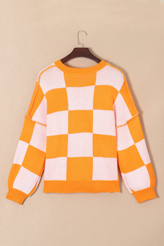 Checkered Orange Plaid Sequined Halloween Pumpkins Sweater