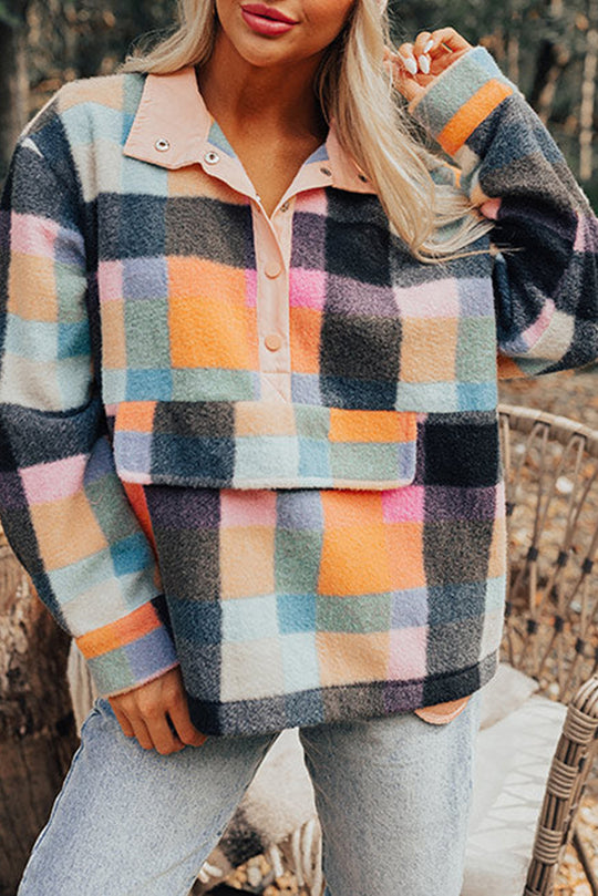 Plaid Multicolor Half Button Sweatshirt