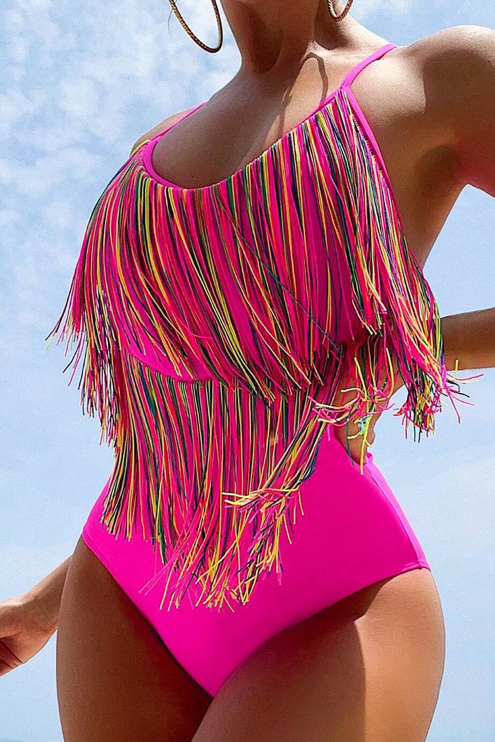 Confetti Multicolor Tassel Spaghetti Strap One Piece Swimsuit