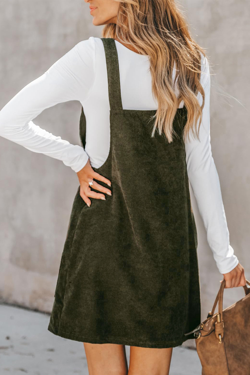 Cinnamon Solid Front Pockets Sleeveless Corduroy Overall Dress