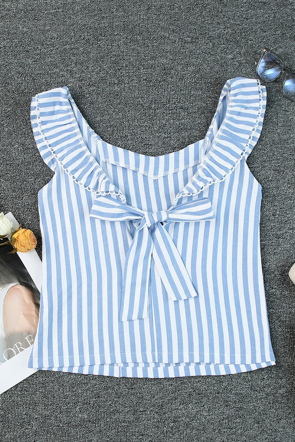 Ruffled Blue Striped Tie Back Tank Top