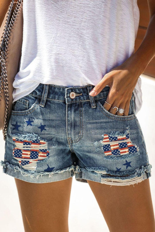 American Flag Distressed Denim Shorts - Klazzi Fashion Boutique