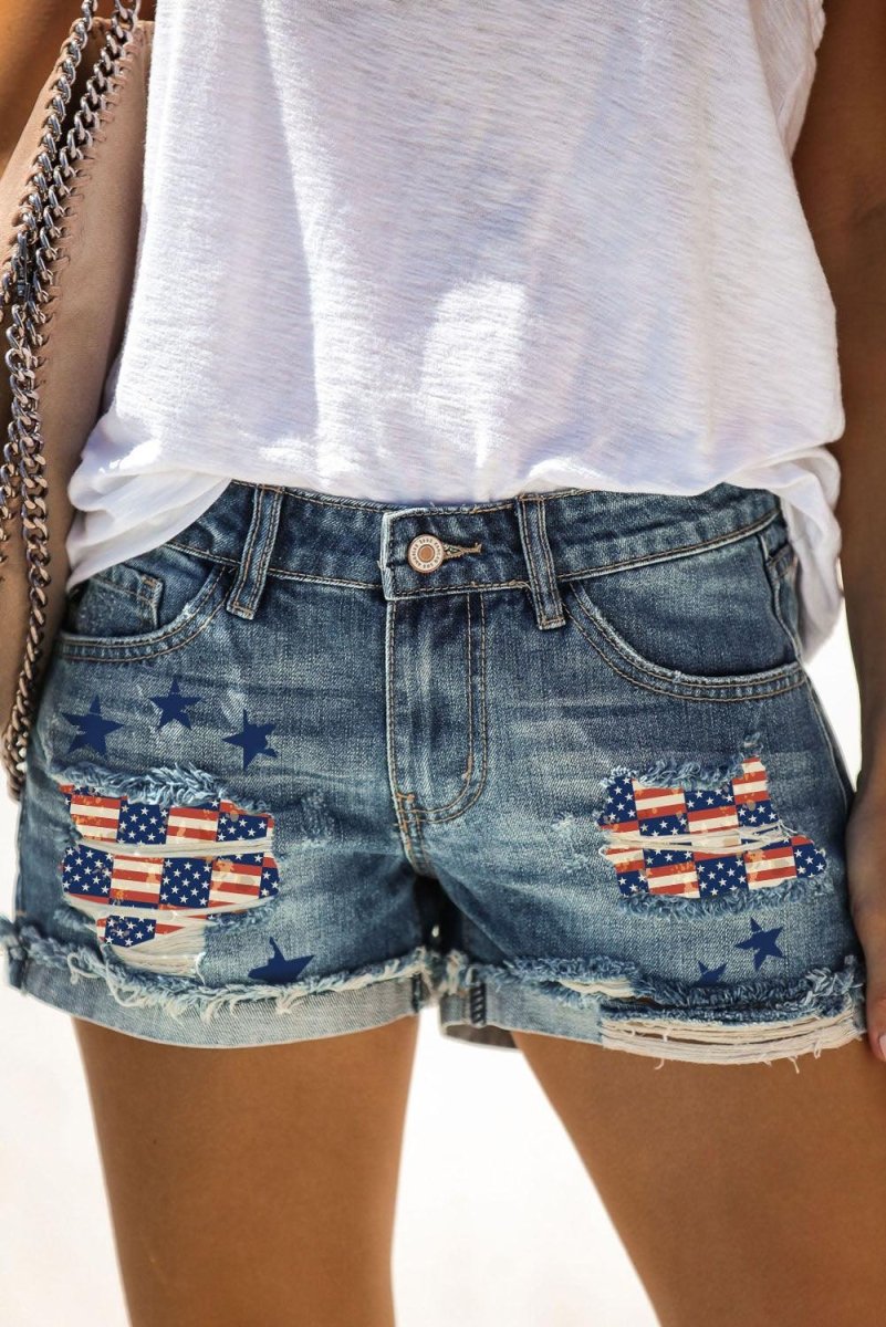 American Flag Distressed Denim Shorts - Klazzi Fashion Boutique