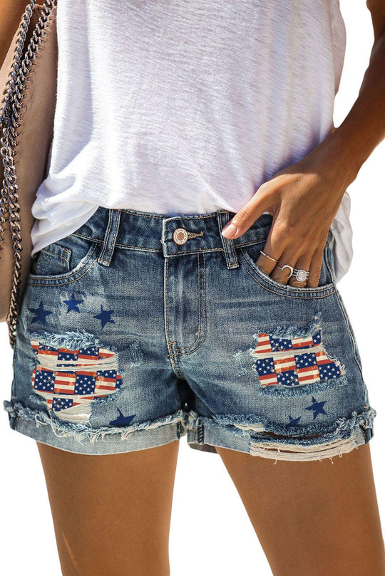 American Flag Distressed Denim Shorts - Klazzi Fashion Boutique