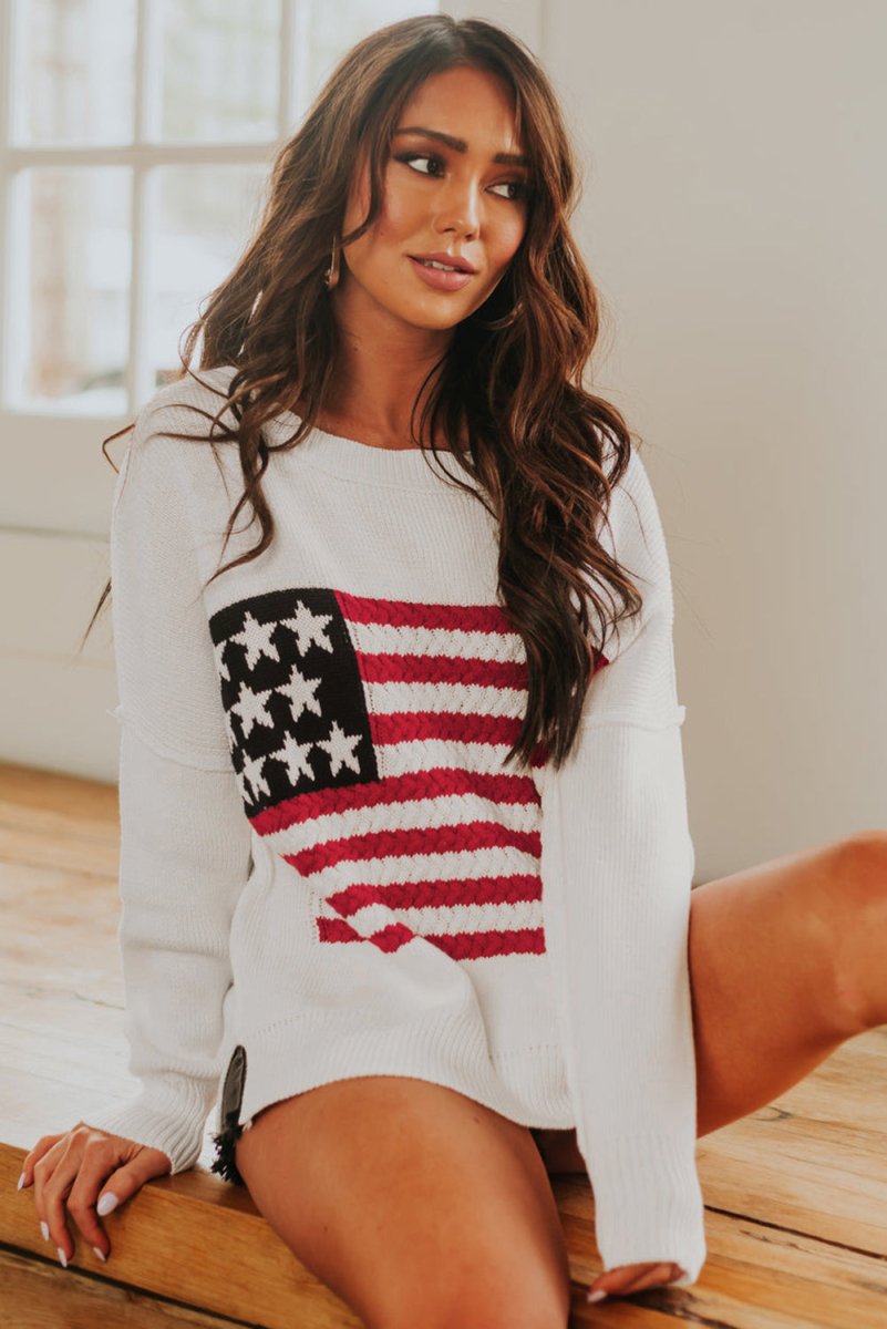 American Flag Knit Drop Shoulder Sweater - Klazzi Fashion Boutique