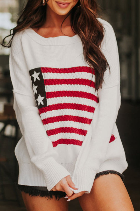 American Flag Knit Drop Shoulder Sweater - Klazzi Fashion Boutique