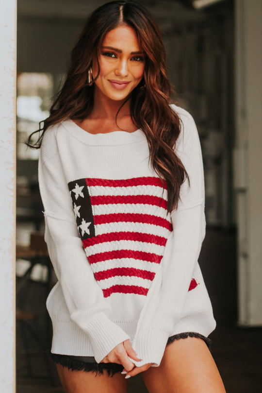 American Flag Knit Drop Shoulder Sweater - Klazzi Fashion Boutique