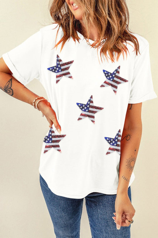 American Flag Sequin Stars Graphic T Shirt - Klazzi Fashion Boutique