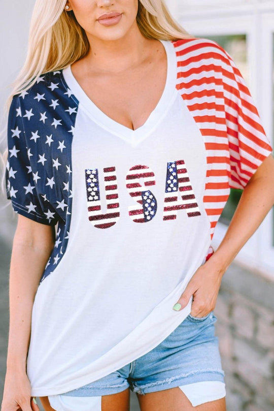 American USA Flag Sequin White T Shirt - Klazzi Fashion Boutique