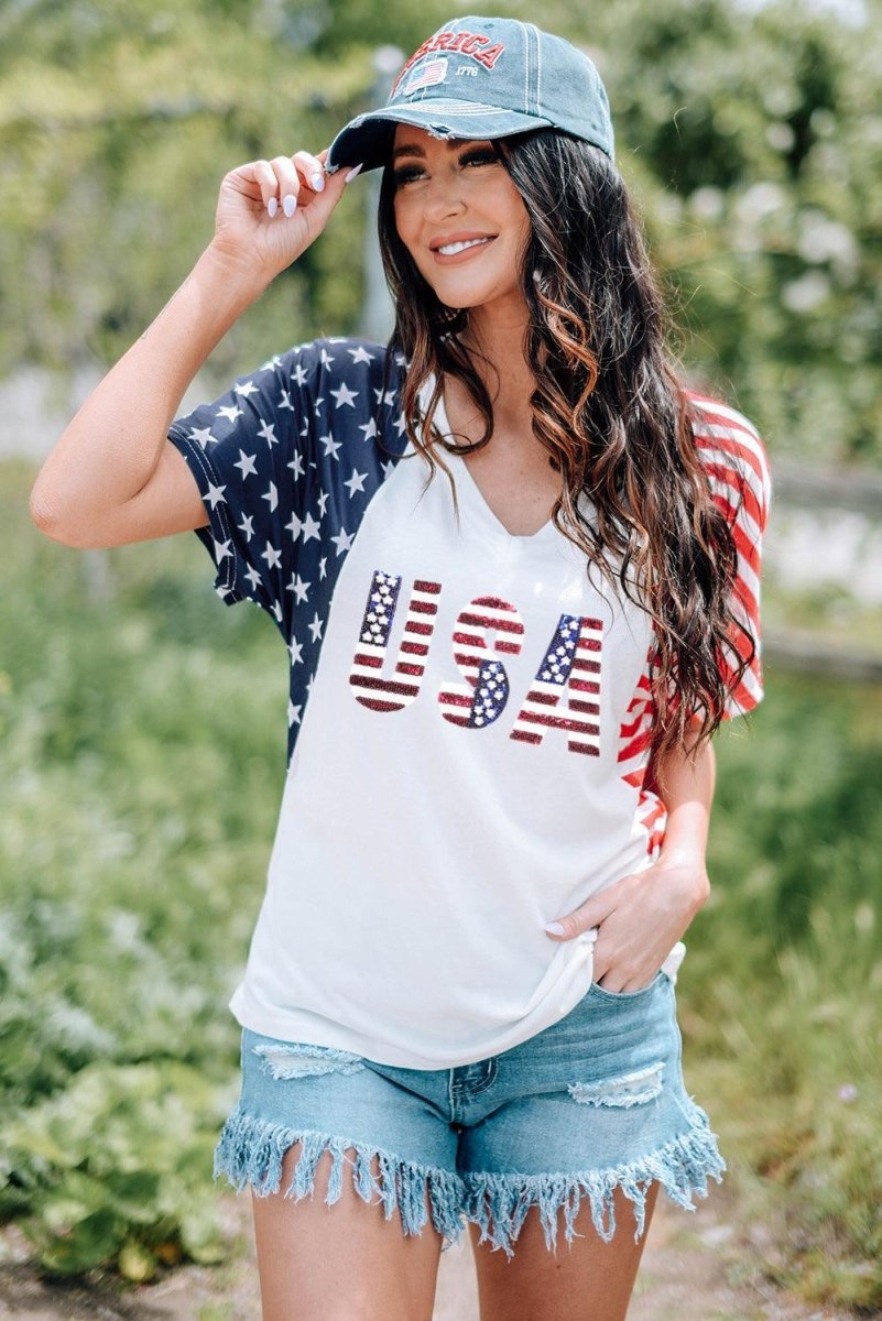 American USA Flag Sequin White T Shirt - Klazzi Fashion Boutique