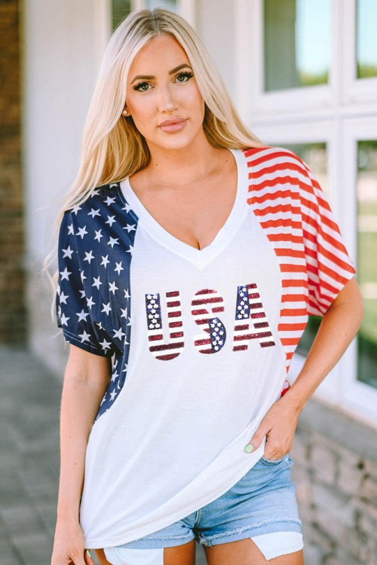 American USA Flag Sequin White T Shirt - Klazzi Fashion Boutique