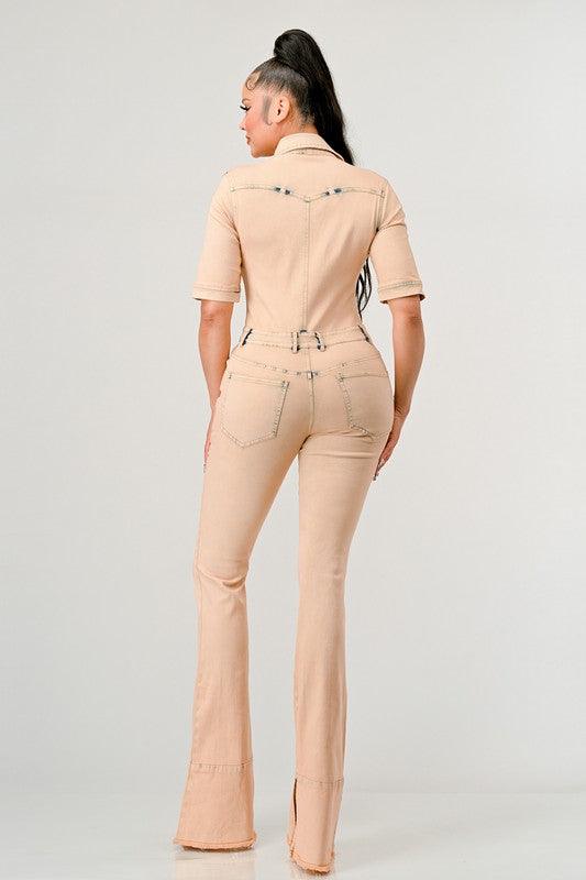 ANAYA WASHED DENIM HALF SLEEVE JUMPSUIT - Klazzi Fashion Boutique