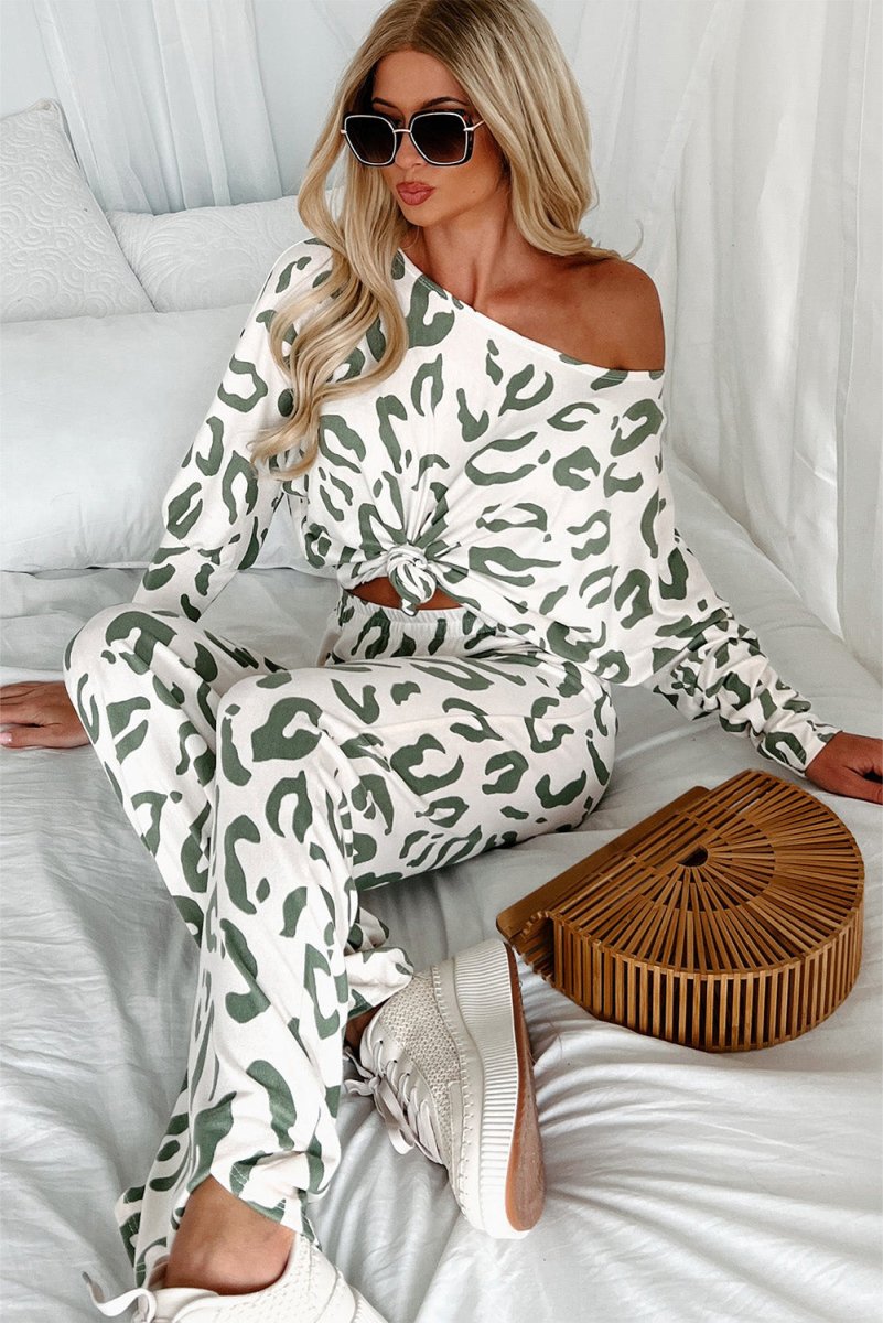 Animal Leopard Sage Print Long Sleeve Loungewear Set - Klazzi Fashion Boutique