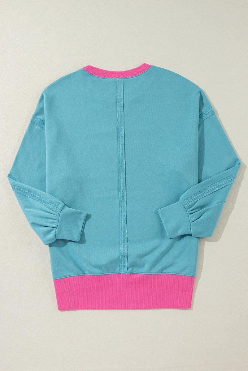 Aqua Blue and Pink Patchwork Loose Sweatshirt - Klazzi Fashion Boutique