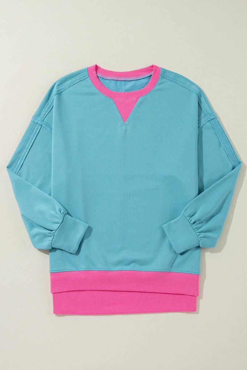 Aqua Blue and Pink Patchwork Loose Sweatshirt - Klazzi Fashion Boutique