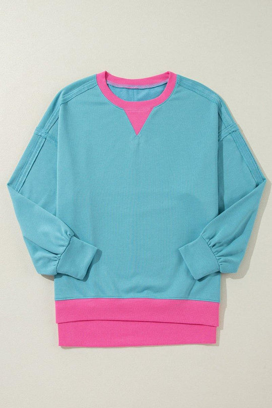 Aqua Blue and Pink Patchwork Loose Sweatshirt - Klazzi Fashion Boutique