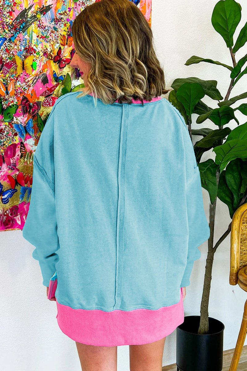 Aqua Blue and Pink Patchwork Loose Sweatshirt - Klazzi Fashion Boutique