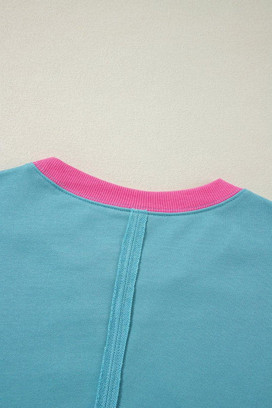 Aqua Blue and Pink Patchwork Loose Sweatshirt - Klazzi Fashion Boutique