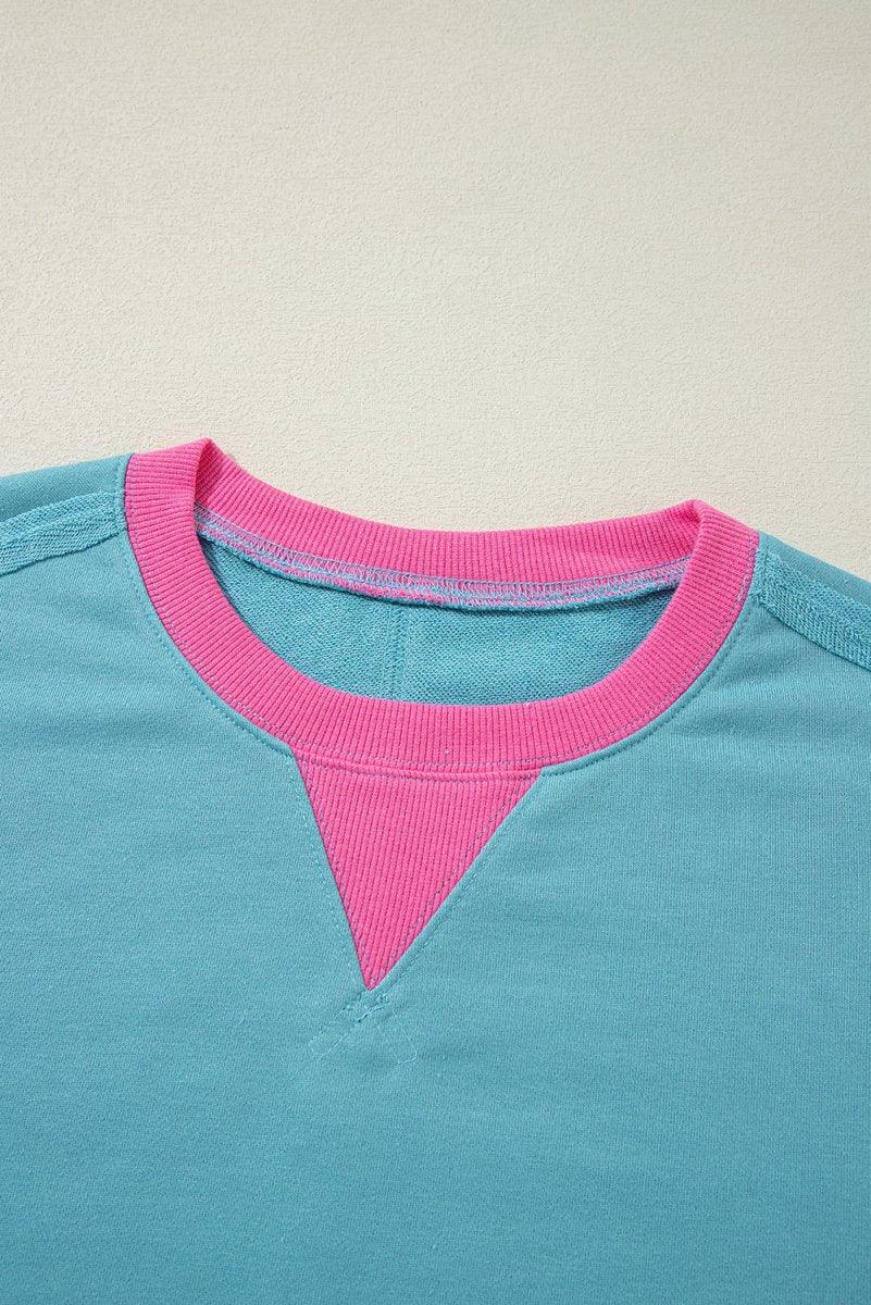 Aqua Blue and Pink Patchwork Loose Sweatshirt - Klazzi Fashion Boutique