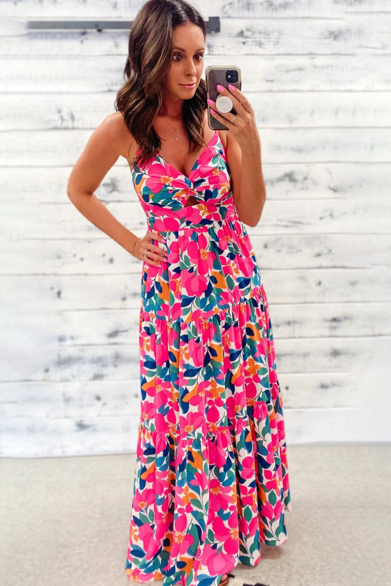 Autumn Rose Floral Long Tiered Maxi Dress - Klazzi Fashion Boutique