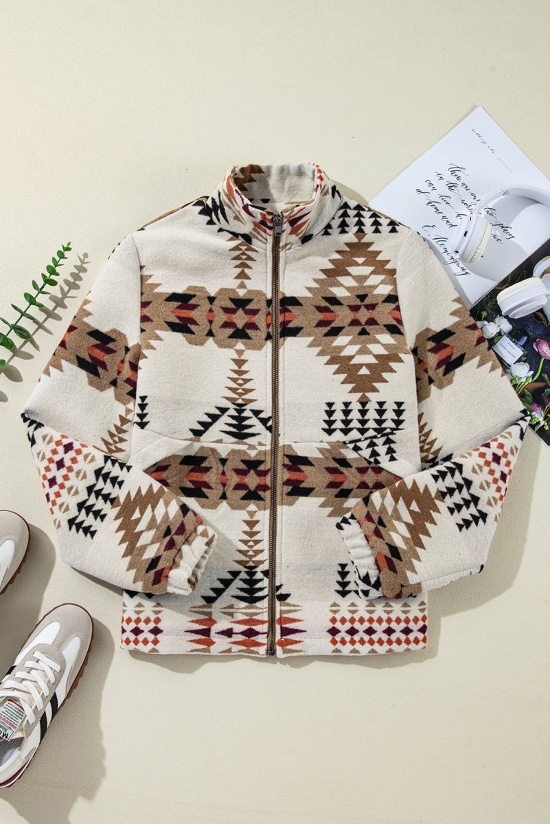 Aztec Beige Zip Up Jacket - Klazzi Fashion Boutique