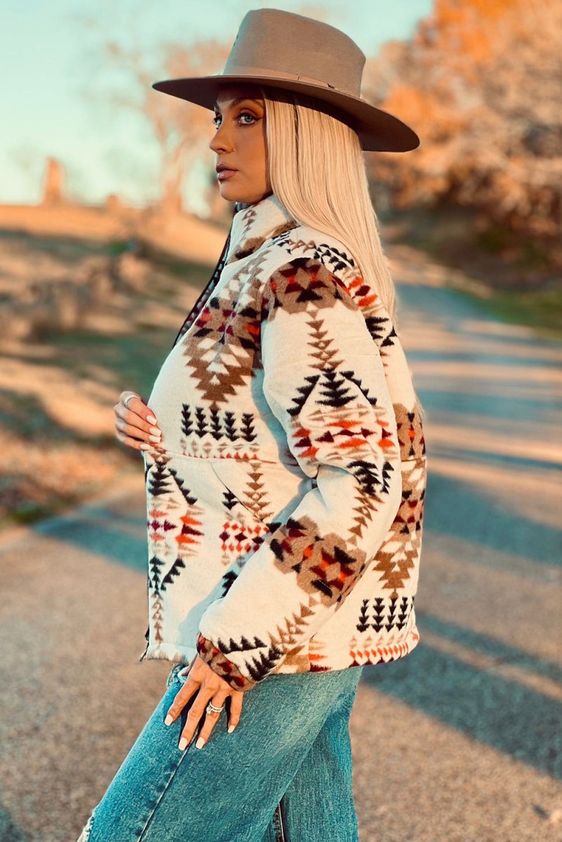 Aztec Beige Zip Up Jacket - Klazzi Fashion Boutique