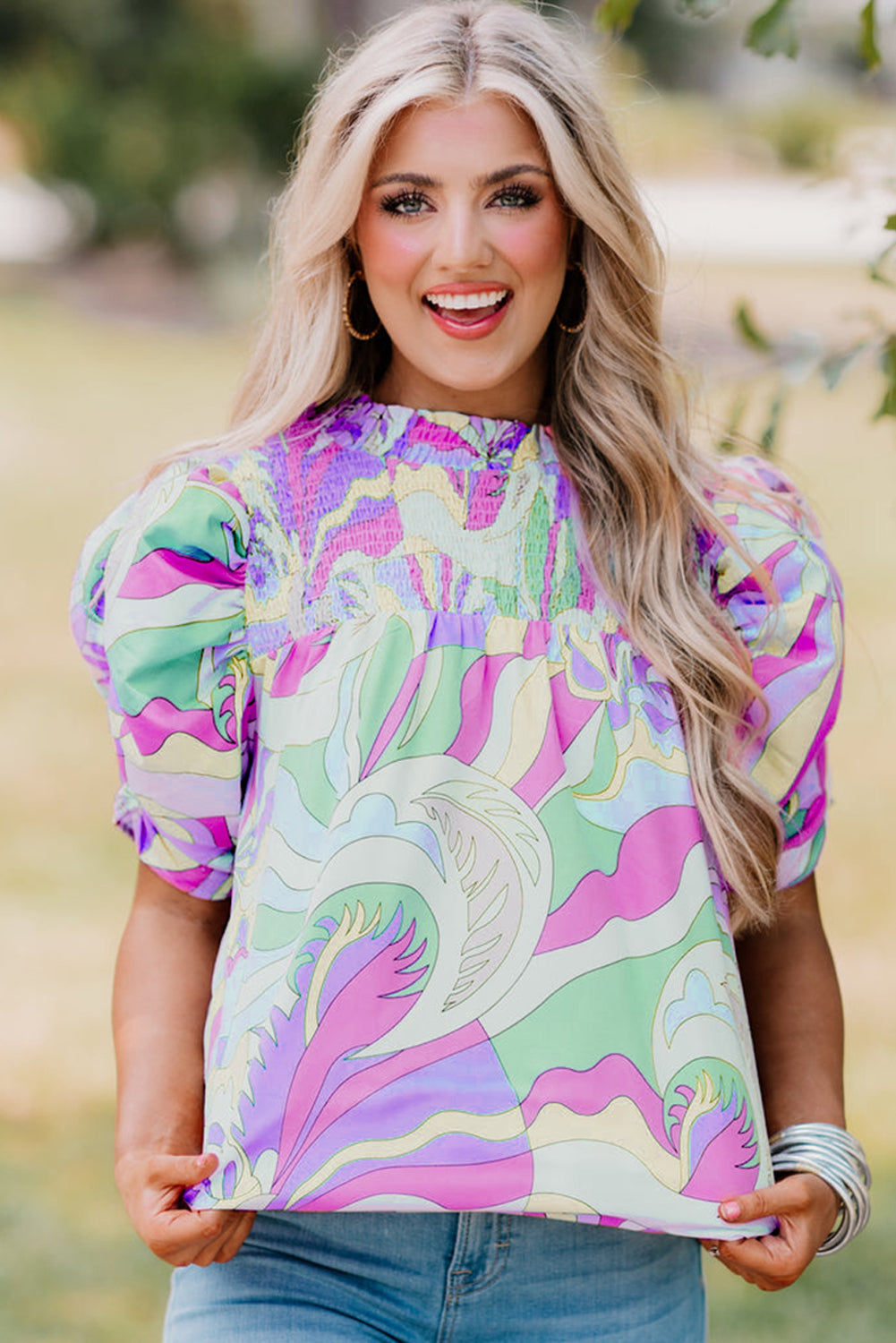 Green Abstract Bubble Sleeve Blouse