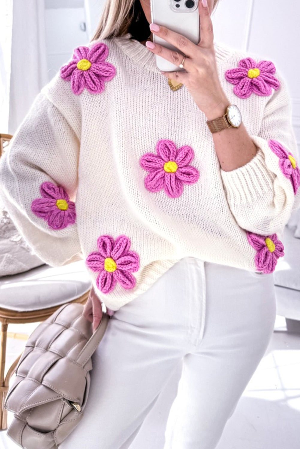 Chunky Floral Crochet Knit Sweater