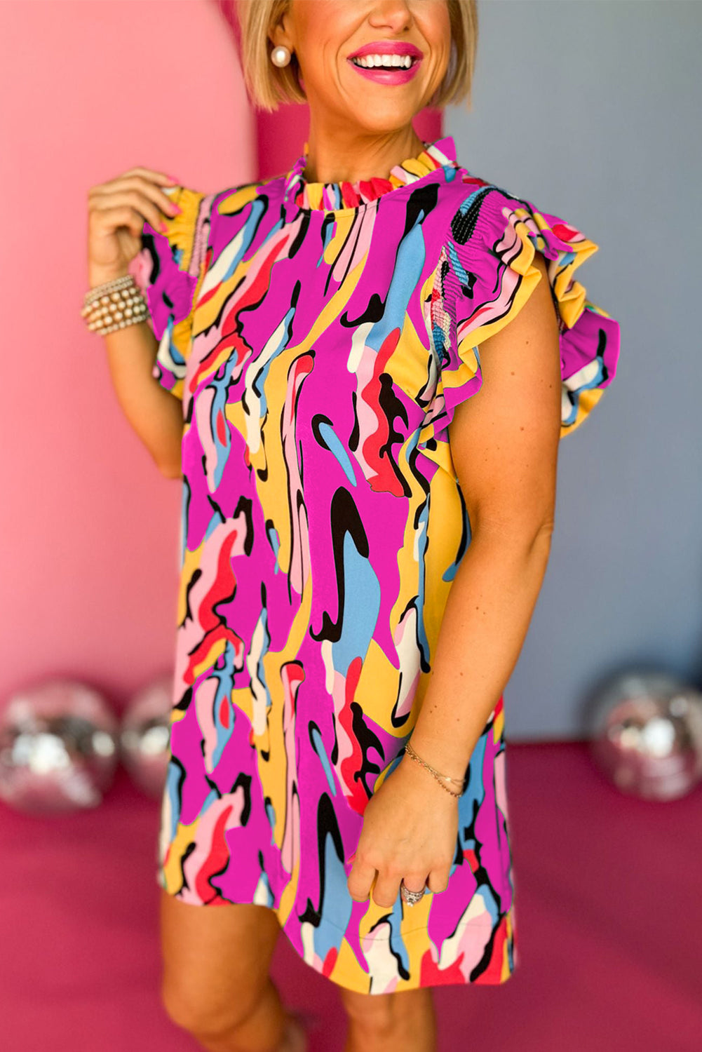  Jordan Fuchsia Multicolor Abstract Ruffled Mini Dress