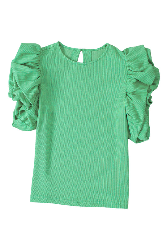 Puffy Ruffle Green Knit Blouse