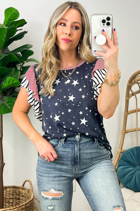 Gray Striped Ruffled Sleeve Star T Shirt